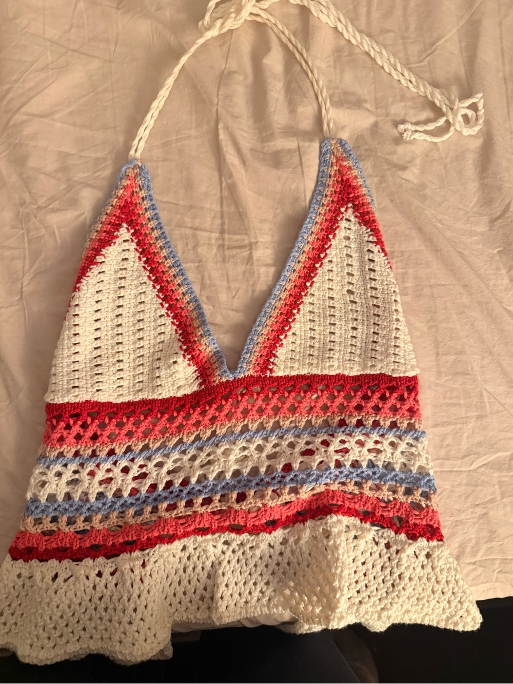 Crocheted Halter Crop Top in White, Coral & Light Blue